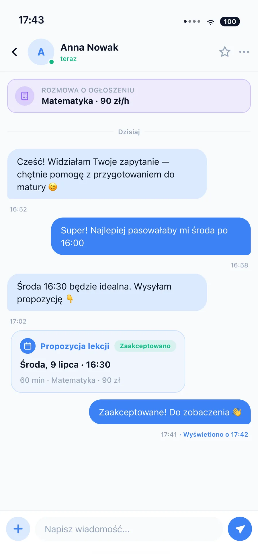 Czat z korepetytorem z propozycją terminu lekcji
